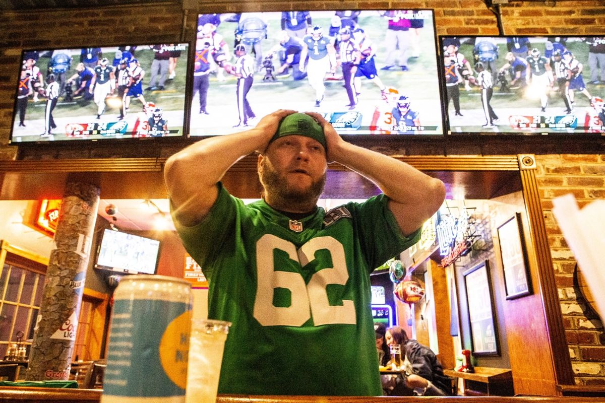 Philadelphia Eagles fan Matt Quinn reacts as the Kansas City Chiefs score a touchdown against the Eagles at a watch party for Super Bowl LVII at Grotto Pizza in Wilmington, Sunday, Feb. 12, 2023. The Chiefs won 38-35

P15wil Super Bowl 021223
