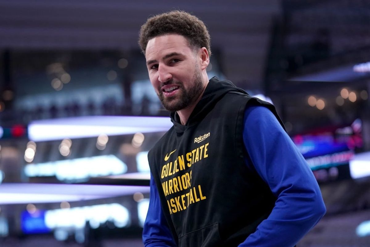 Apr 16, 2024; Sacramento, California, USA; Golden State Warriors guard Klay Thompson (11) warms up before a play-in game against the Sacramento Kings in the 2024 NBA playoffs at the Golden 1 Center.