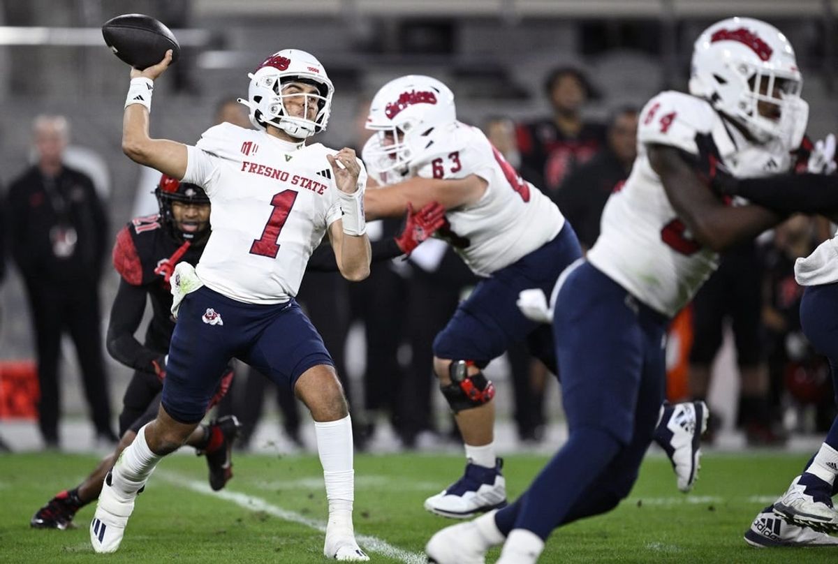 Nov 25, 2023; San Diego, California, USA; Fresno State Bulldogs quarterback Mikey Keene (1) throws a pass against the San Diego State Aztecs during the first half at Snapdragon Stadium.