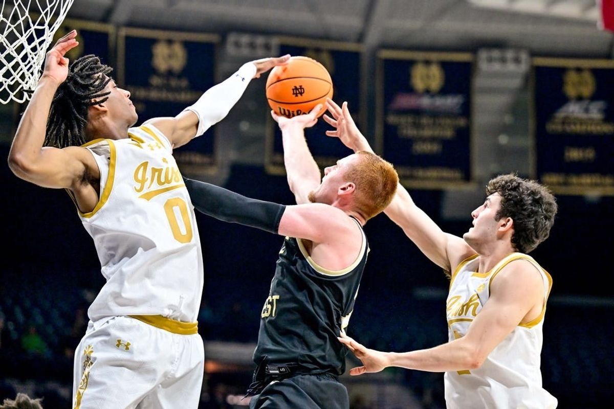 Feb 27, 2024; South Bend, Indiana, USA; Wake Forest Demon Deacons guard Cameron Hildreth (2) goes up for a shot as Notre Dame Fighting Irish forward Carey Booth (0) and guard Logan Imes (2) defend in the second half at the Purcell Pavilion.