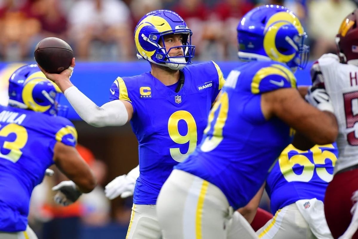 Dec 17, 2023; Inglewood, California, USA; Los Angeles Rams quarterback Matthew Stafford (9) throws against the against the Washington Commanders during the first half at SoFi Stadium.