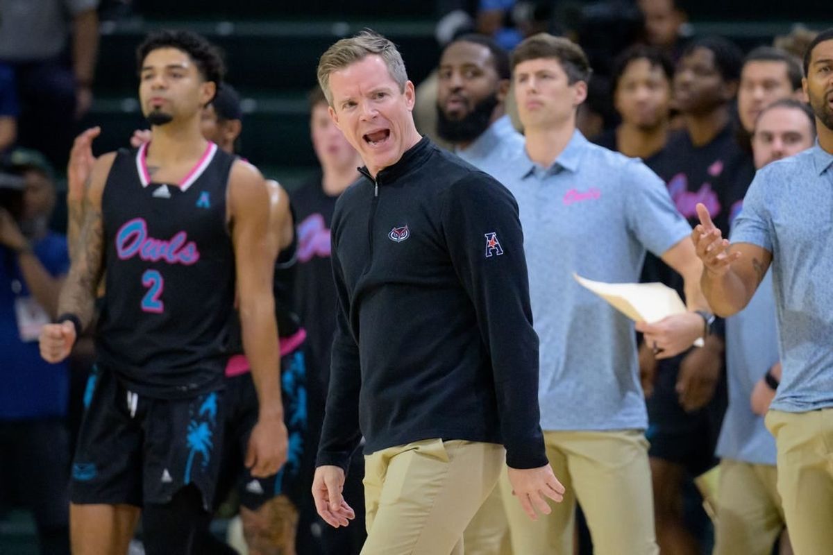 Jan 11, 2024; New Orleans, Louisiana, USA; Florida Atlantic Owls head coach Dusty May reacts during the first half against the Tulane Green Wave at Avron B. Fogelman Arena in Devlin Fieldhouse.