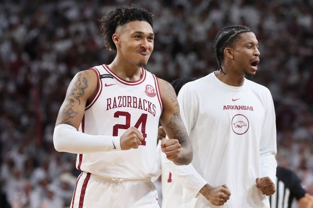 Nov 29, 2023; Fayetteville, Arkansas, USA; Arkansas Razorbacks guard Jeremiah Davenport (24) celebrates after a score in the second half against the Duke Blue Devils at Bud Walton Arena. Arkansas won 80-75.