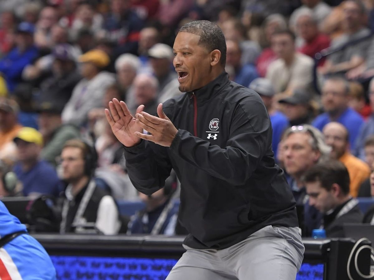 Mar 8, 2023; Nashville, TN, USA;  South Carolina Gamecocks Lamont Paris cheers his team on against the Mississippi Rebels during the first half at Bridgestone Arena.