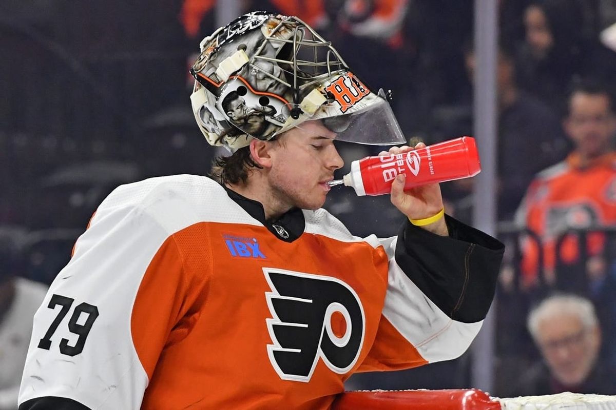 Jan 8, 2024; Philadelphia, Pennsylvania, USA; Philadelphia Flyers goaltender Carter Hart (79) against the Pittsburgh Penguins at Wells Fargo Center.