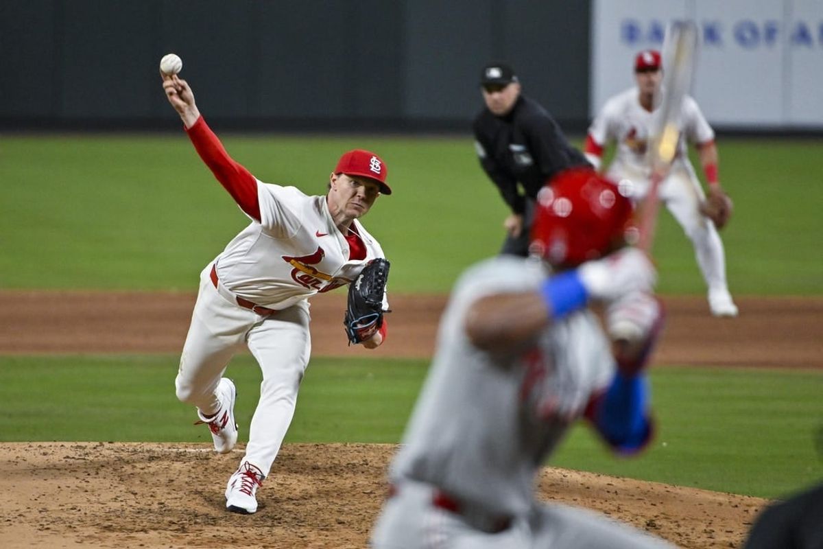 Apr 9, 2024; St. Louis, Missouri, USA;  St. Louis Cardinals starting pitcher Sonny Gray (54) pitches against Philadelphia Phillies center fielder Johan Rojas (18) during the fifth inning at Busch Stadium.