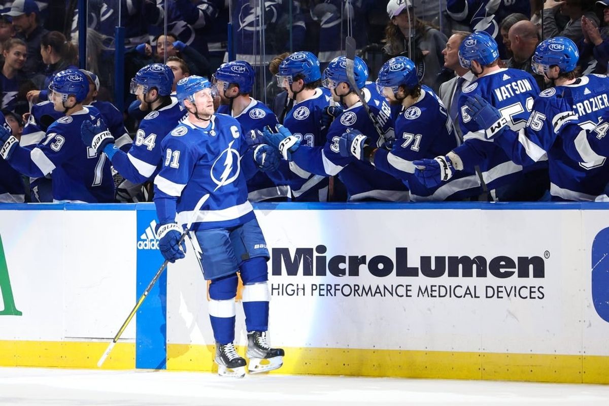 Jan 13, 2024; Tampa, Florida, USA;  Tampa Bay Lightning center Steven Stamkos (91) celebrates after scoring a goal against the Anaheim Ducks in the second period at Amalie Arena.
