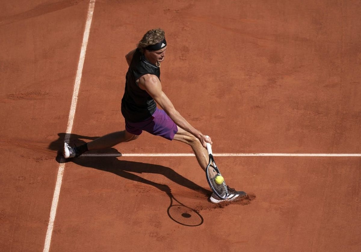 Jun 11, 2021; Paris, France; Alexander Zverev (GER) in action during his semifinal match against Stefanos Tsitsipas (GRE) on day 13 of the French Open at Stade Roland Garros.