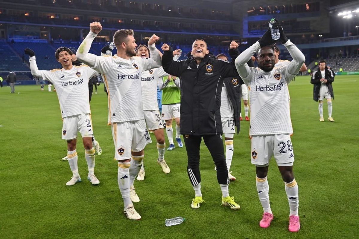 Mar 23, 2024; Kansas City, Kansas, USA; Members of the LA Galaxy celebrate after defeating Sporting Kansas City at Children's Mercy Park.