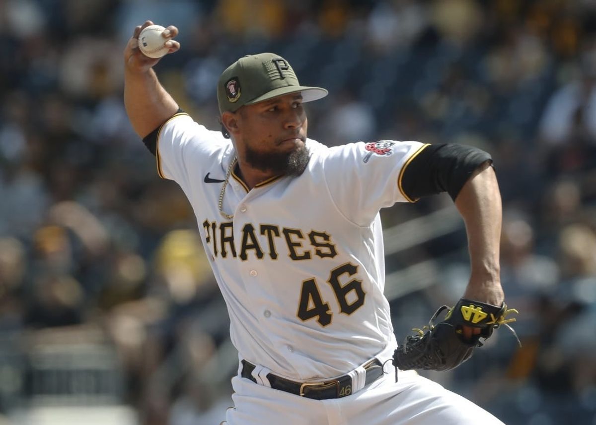 May 21, 2023; Pittsburgh, Pennsylvania, USA;  Pittsburgh Pirates relief pitcher Yohan Ramirez (46) pitches against the Arizona Diamondbacks during the eighth inning at PNC Park. Arizona won 8-3.