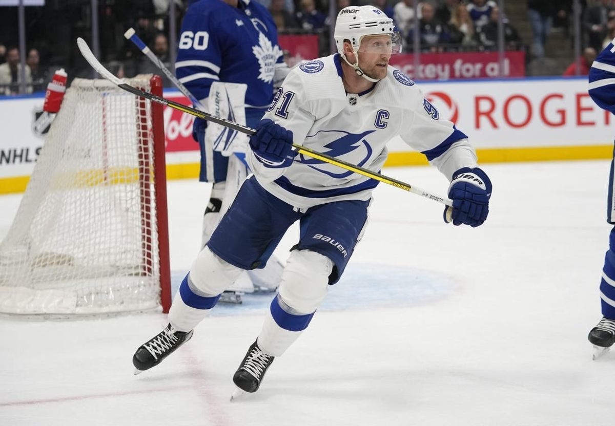 Apr 3, 2024; Toronto, Ontario, CAN; Tampa Bay Lightning forward Steven Stamkos (91) skates against the Toronto Maple Leafs during the third period at Scotiabank Arena.