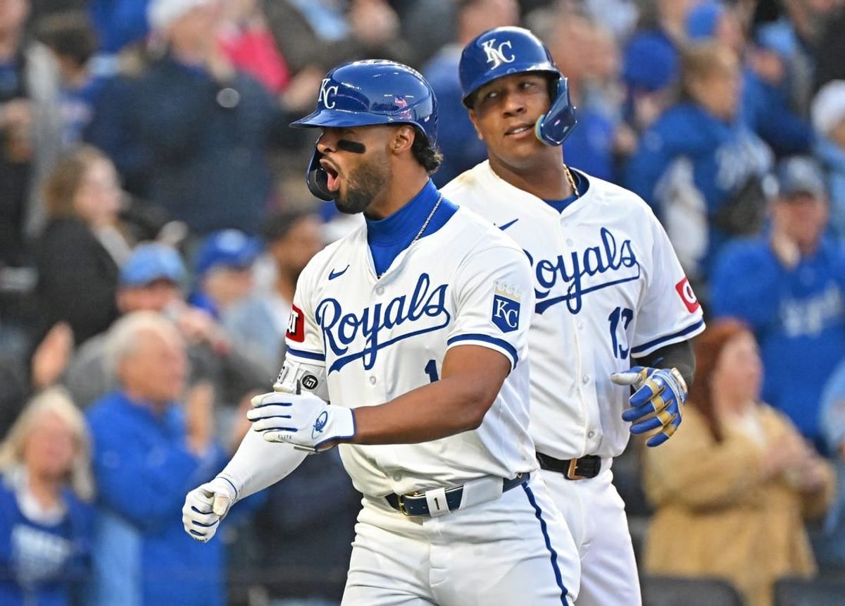 Apr 6, 2024; Kansas City, Missouri, USA; Kansas City Royals left fielder MJ Melendez (1) reacts after hitting a two-run home run in the seventh inning against the Chicago White Sox at Kauffman Stadium.