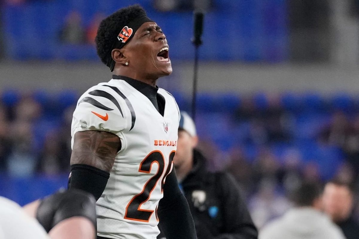 Cincinnati Bengals cornerback Cam Taylor-Britt (29) gets hype during warmups before the first quarter of the NFL Week 11 game between the Baltimore Ravens and the Cincinnati Bengals at M&T Bank Stadium in Baltimore on Thursday, Nov. 16, 2023.