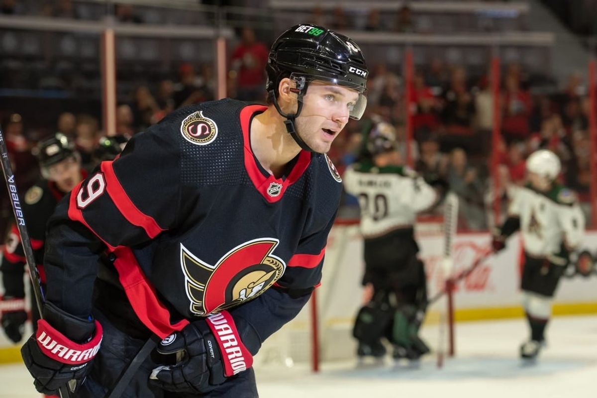 Oct 22, 2022; Ottawa, Ontario, CAN; Ottawa Senators center Josh Norris (9 skates back to the bench after scoring  in the first period against the Arizona Coyotes at the Canadian Tire Centre.