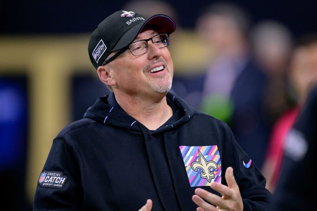 Oct 19, 2023; New Orleans, Louisiana, USA; New Orleans Saints offensive coordinator Pete Carmichael smiles before a game against the Jacksonville Jaguars at the Caesars Superdome.