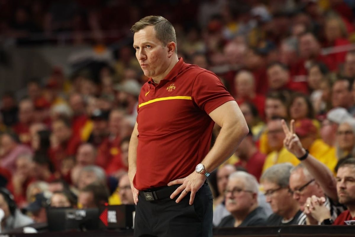 Feb 27, 2023; Ames, Iowa, USA; Iowa State Cyclones head coach T. J. Otzelberger watches his team play the West Virginia Mountaineers during the second half at James H. Hilton Coliseum.