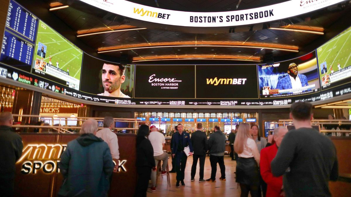 A view of the Encore Boston Harbor Casino Sportsbook on the first day of legal sports betting in Massachusetts.