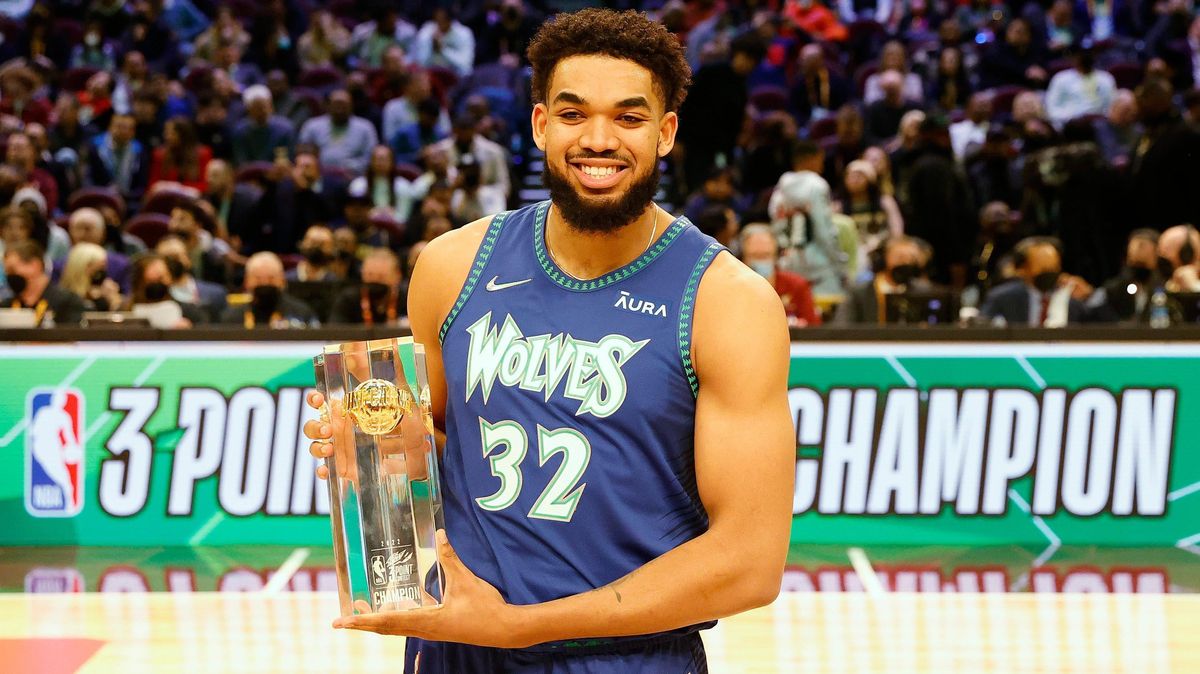 Karl-Anthony Towns celebrates winning the 2022 NBA All-Star - MTN DEW 3-Point Contest as part of the 2022 All-Star Weekend.