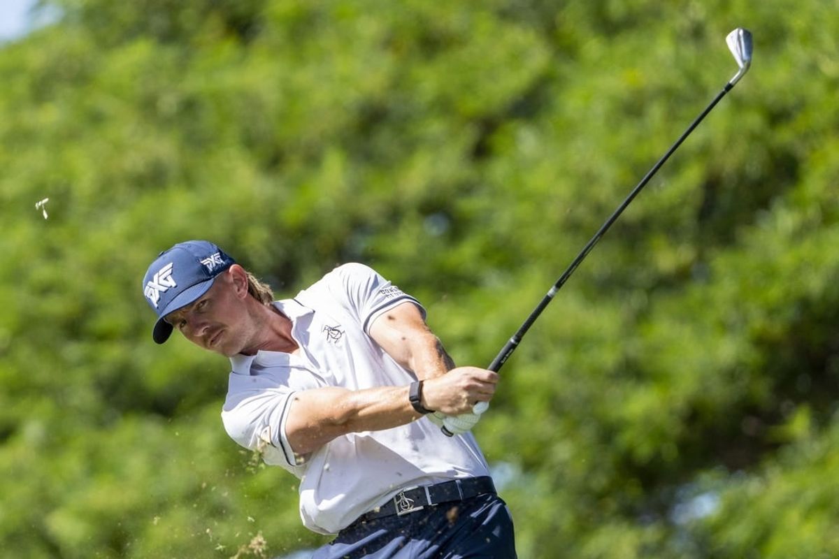 January 13, 2024; Honolulu, Hawaii, USA; Jake Knapp hits his tee shot on the second hole during the third round of the Sony Open in Hawaii golf tournament at Waialae Country Club.