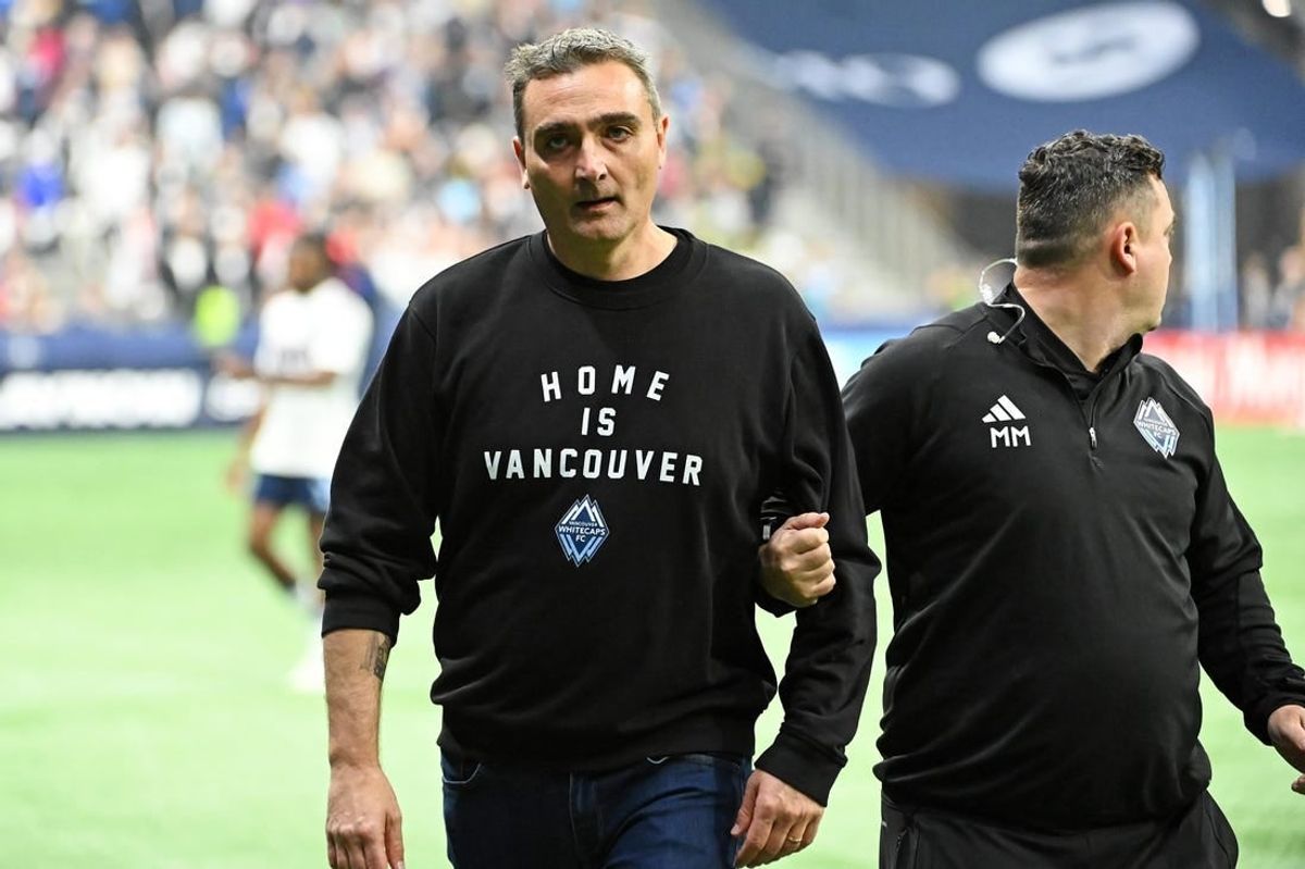 Nov 5, 2023; Vancouver, British Columbia, CAN; Vancouver Whitecaps head coach Vanni Sartini reacts after losing to Los Angeles FC in game two in a round one match of the 2023 MLS Cup Playoffs at BC Place.
