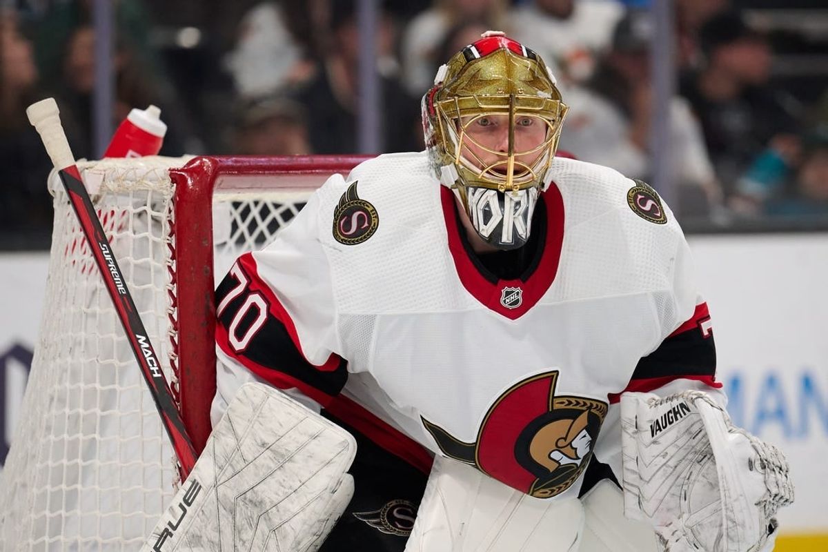 Mar 9, 2024; San Jose, California, USA; Ottawa Senators goaltender Joonas Korpisalo (70) watches the play against the San Jose Sharks during the second period at SAP Center at San Jose.