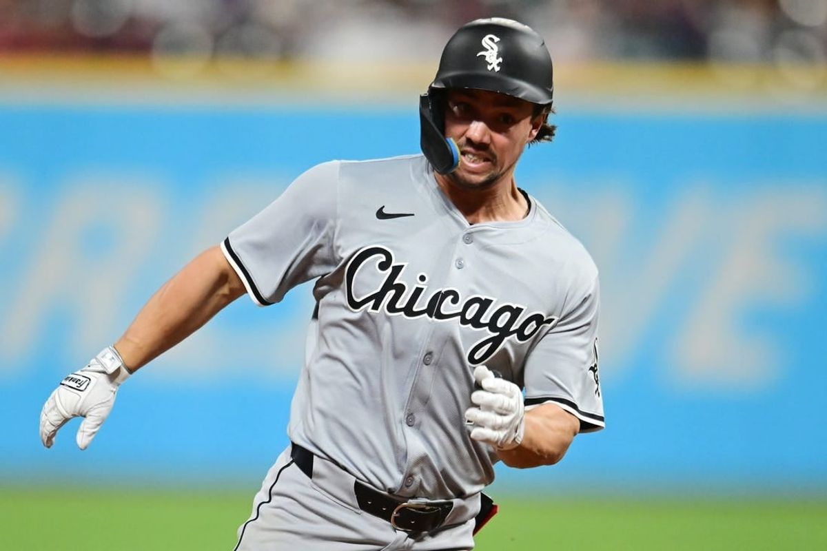 Apr 9, 2024; Cleveland, Ohio, USA; Chicago White Sox center fielder Dominic Fletcher (7) attempts to stretch a double into a triple during the eighth inning against the Cleveland Guardians at Progressive Field.