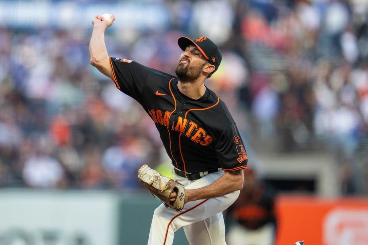 Sep 30, 2023; San Francisco, California, USA; San Francisco Giants starting pitcher Tristan Beck (43) delivers a pitch against the Los Angeles Dodgers during the first inning at Oracle Park.
