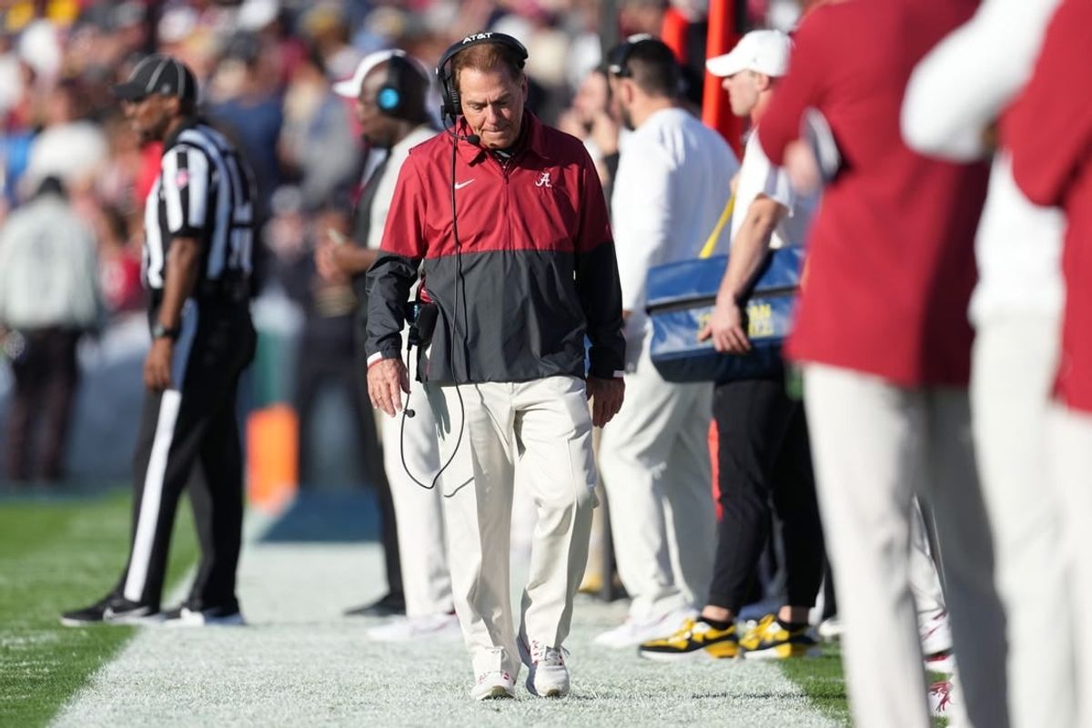Jan 1, 2024; Pasadena, CA, USA; Alabama Crimson Tide head coach Nick Saban walks the sideline during the first half against the Michigan Wolverines in the 2024 Rose Bowl college football playoff semifinal game at Rose Bowl.