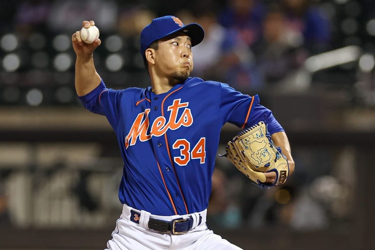 Sep 27, 2023; New York, NY, USA; New York Mets starting pitcher Kodai Senga (34) delivers a pitch during the first inning against the Miami Marlins at Citi Field.