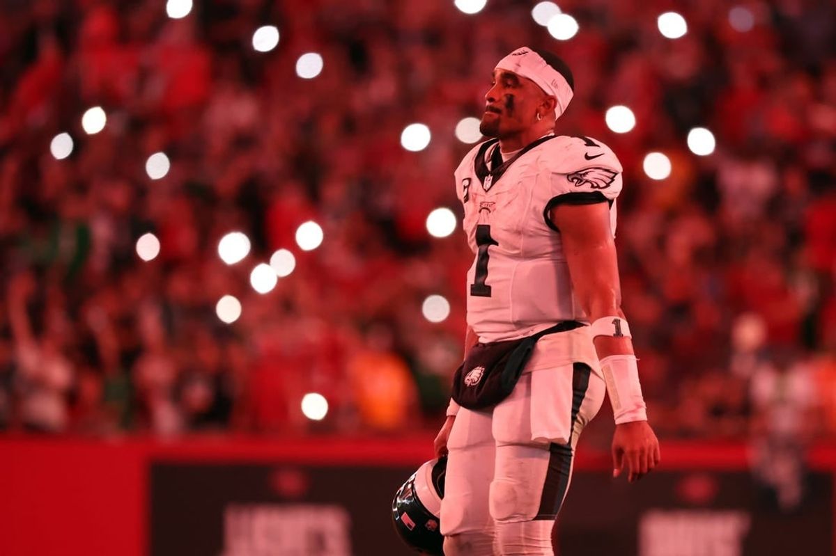 Sep 25, 2023; Tampa, Florida, USA; Philadelphia Eagles quarterback Jalen Hurts (1) against the Tampa Bay Buccaneers during the second half at Raymond James Stadium.