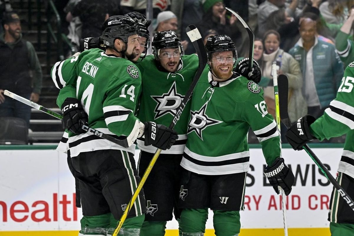 Dec 18, 2023; Dallas, Texas, USA; Dallas Stars center Matt Duchene (95) and defenseman Thomas Harley (55) and left wing Jamie Benn (14) and center Joe Pavelski (16) celebrate after Harley scores the game winning goal on a pass from Duchene against the Seattle Kraken during the overtime period at the American Airlines Center.