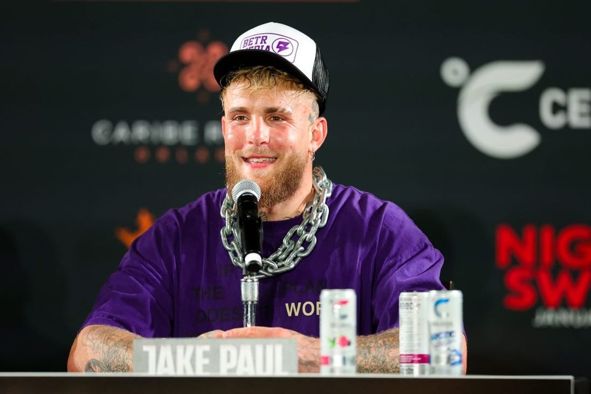 Dec 15, 2023; Orlando, Florida, USA;  Jake Paul gives a press conference after knocking out Andre August in the first round at the Caribe Royale Orlando.