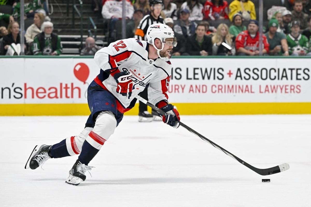 Jan 27, 2024; Dallas, Texas, USA; Washington Capitals center Evgeny Kuznetsov (92) in action during the game between the Dallas Stars and the Washington Capitals at the American Airlines Center.