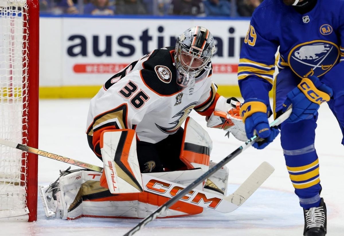 Feb 19, 2024; Buffalo, New York, USA;  Anaheim Ducks goaltender John Gibson (36) looks for the puck during the second period against the Buffalo Sabres at KeyBank Center.