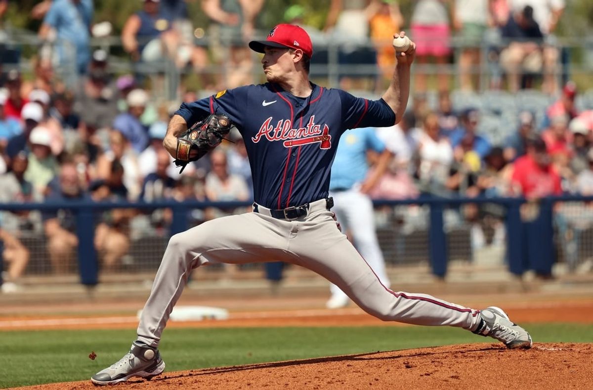 Mar 18, 2024; Port Charlotte, Florida, USA;  Atlanta Braves starting pitcher Max Fried (54) throws a pitch during the first inning against the Tampa Bay Rays at Charlotte Sports Park.