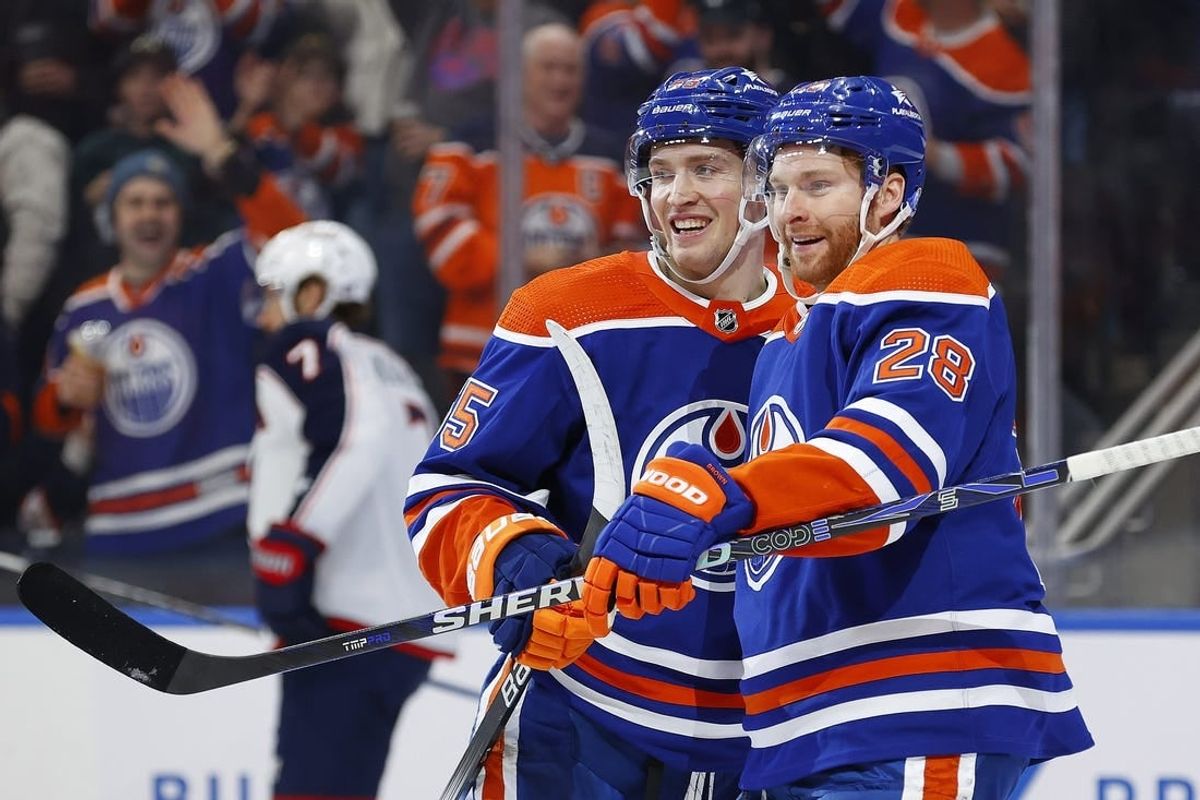 Jan 23, 2024; Edmonton, Alberta, CAN; The Edmonton Oilers celebrate a goal scored by forward Dylan Holloway (55) during the third period against the Columbus Blue Jackets at Rogers Place.