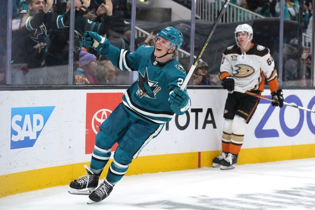 Jan 20, 2024; San Jose, California, USA; San Jose Sharks left wing Fabian Zetterlund (20) reacts after scoring a goal against the Anaheim Ducks during the second period at SAP Center at San Jose.