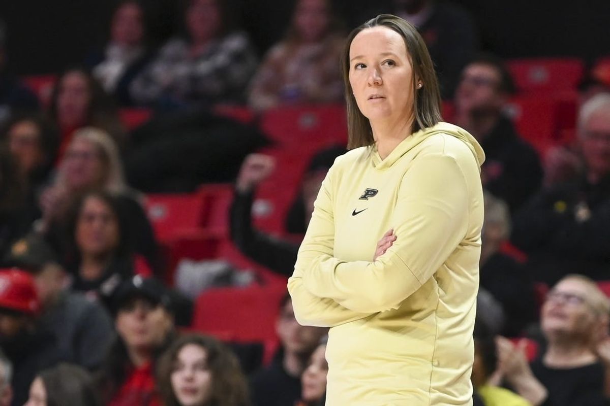 Jan 14, 2024; College Park, Maryland, USA;  Purdue Boilermakers head coach Katie Gearlds looks onto the court during the first half against the Maryland Terrapins at Xfinity Center.