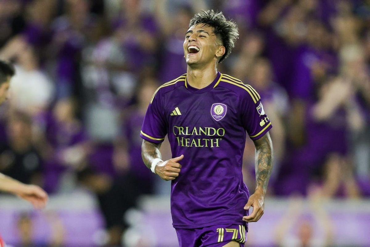 Oct 7, 2023; Orlando, Florida, USA;  Orlando City SC forward Facundo Torres (17) celebrates after scoring a goal against the New England Revolution in the first half at Exploria Stadium.