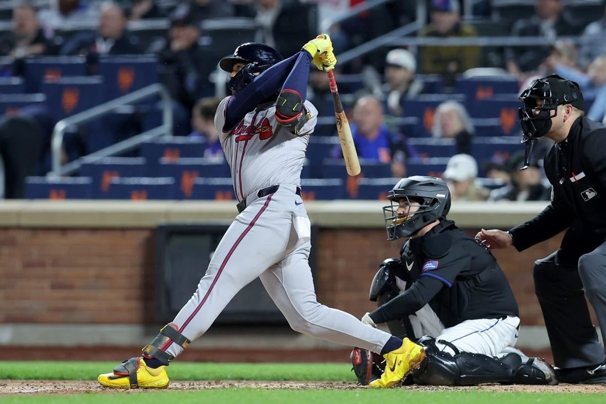 May 10, 2024; New York City, New York, USA; Atlanta Braves right fielder Ronald Acuna Jr. (13) follows through on a solo home run against the New York Mets during the third inning at Citi Field.