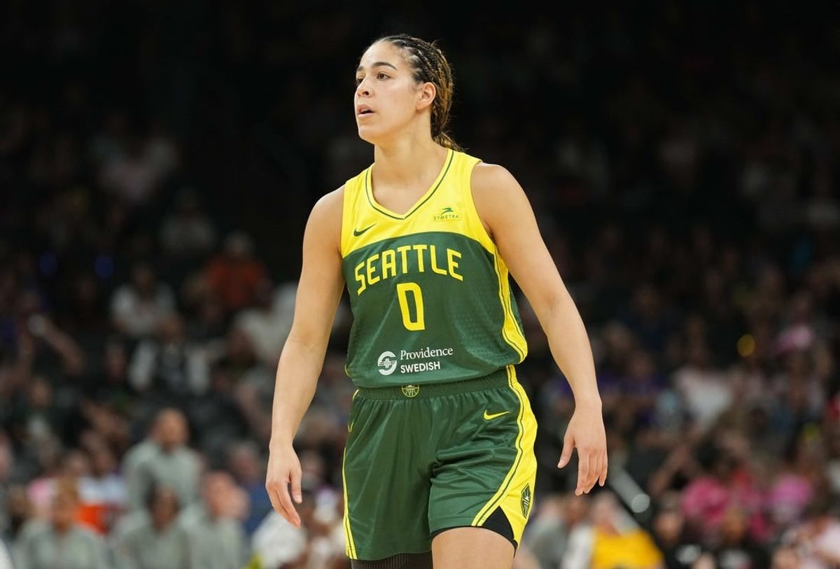 Aug 5, 2023; Phoenix, Arizona, USA; Seattle Storm guard Kia Nurse (0) looks on against the Phoenix Mercury during the second half at Footprint Center.