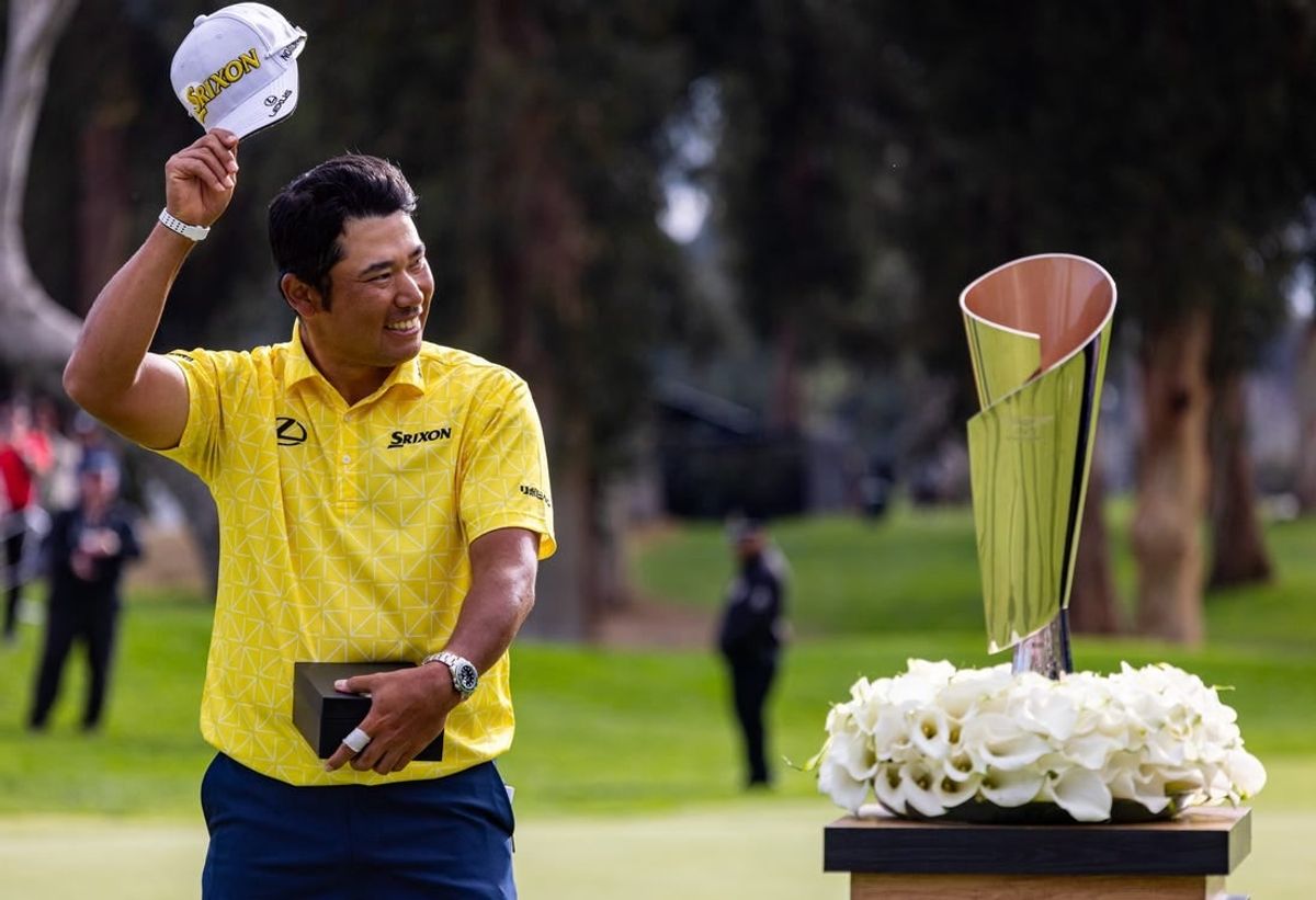 Feb 18, 2024; Pacific Palisades, California, USA; Hideki Matsuyama celebrates after winning The Genesis Invitational golf tournament at Riveria Country Club.