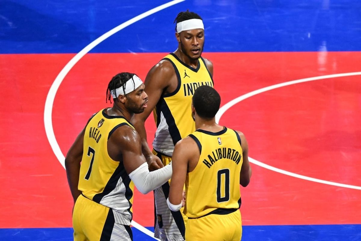 Dec 7, 2023; Las Vegas, Nevada, USA; Indiana Pacers guard Buddy Hield (7), center Myles Turner (33) and guard Tyrese Haliburton (0) celebrate after a victory against the Milwaukee Bucks at T-Mobile Arena.