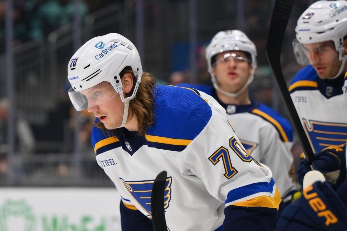 Jan 26, 2024; Seattle, Washington, USA; St. Louis Blues center Oskar Sundqvist (70) after scoring a goal against the Seattle Kraken during the first period at Climate Pledge Arena.