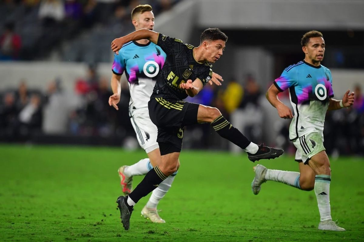 Oct 4, 2023; Los Angeles, California, USA; Los Angeles FC midfielder Filip Yavorov Krastev (50) moves in for a shot on goal against Minnesota United during the second half at BMO Stadium.