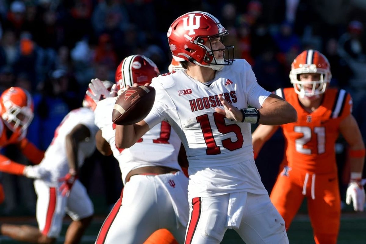 Nov 11, 2023; Champaign, Illinois, USA;  Indiana Hoosiers quarterback Brendan Sorsby (15) passes the ball during the second half against the Illinois Fighting Illini at Memorial Stadium.
