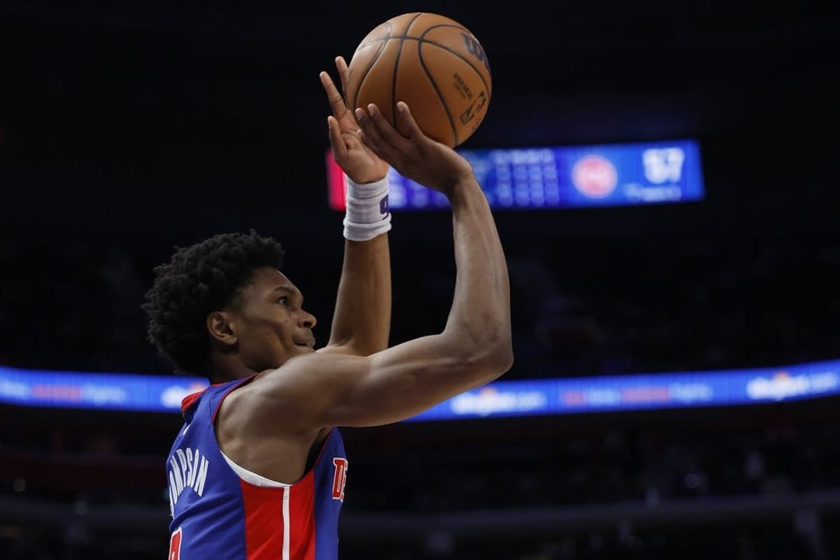 Feb 4, 2024; Detroit, Michigan, USA; Detroit Pistons forward Ausar Thompson (9) shoots in the second half against the Orlando Magic at Little Caesars Arena.