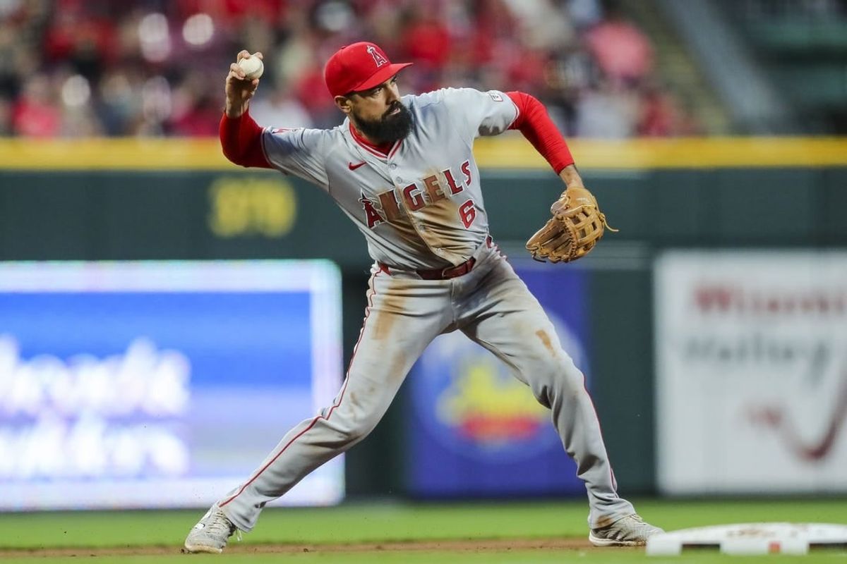 Apr 19, 2024; Cincinnati, Ohio, USA; Los Angeles Angels third baseman Anthony Rendon (6) throws to first to get Cincinnati Reds shortstop Elly De La Cruz (not pictured) out in the seventh inning at Great American Ball Park.