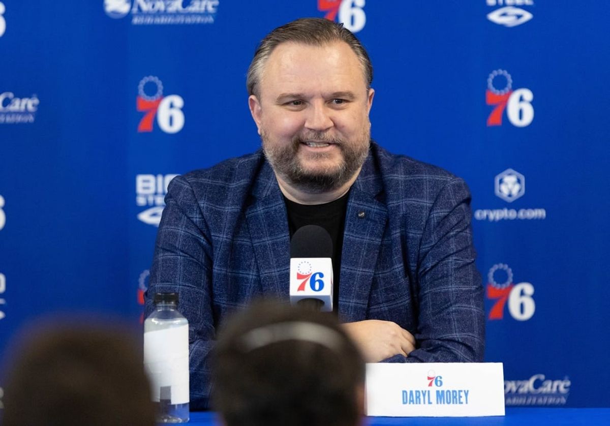 Feb 15, 2022; Camden, NJ, USA; Philadelphia 76ers president of basketball operations Daryl Morey speaks with the media at Philadelphia 76ers Training Complex.