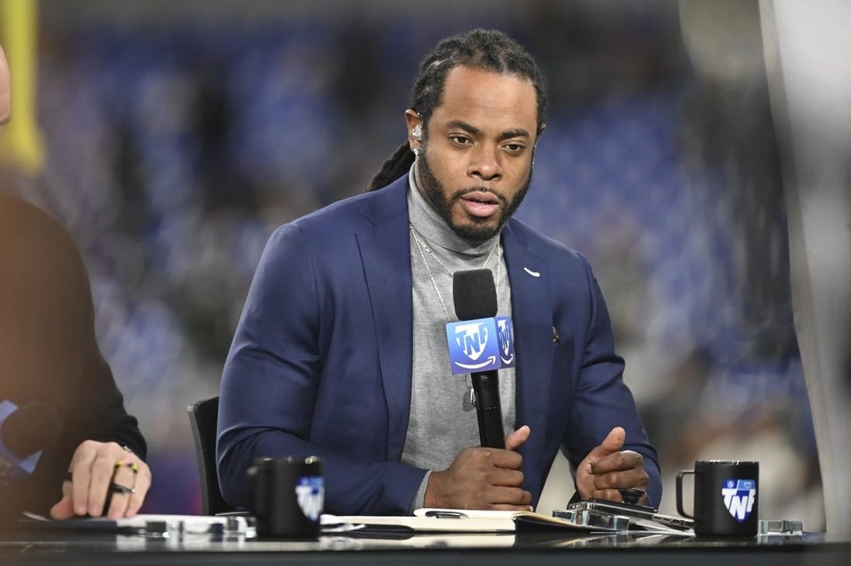 Nov 16, 2023; Baltimore, Maryland, USA;  Richard Sherman, Thursday Night Football analyst, on set before the game between the Baltimore Ravens and the Cincinnati Bengals at M&T Bank Stadium.
